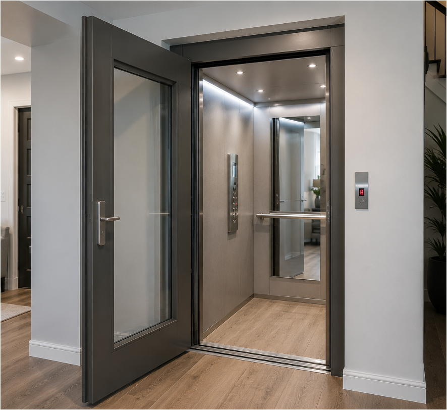 interior of a residential elevator cabin with controls showing in a home setting